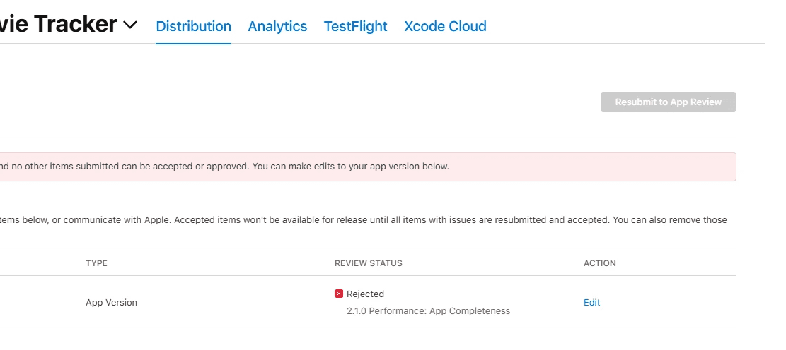App Store Connect showing a rejected Hardcopy submission for App Completeness