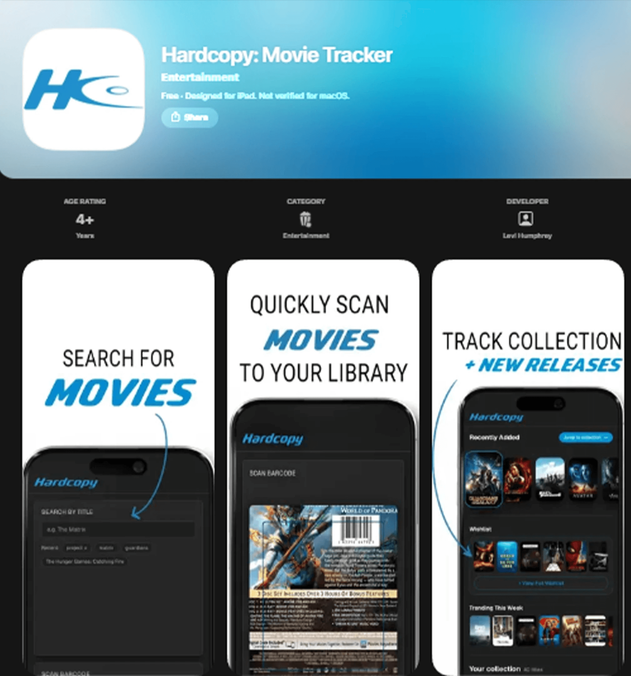 Hardcopy App Store screens: search by title, scan a barcode, and track a collection