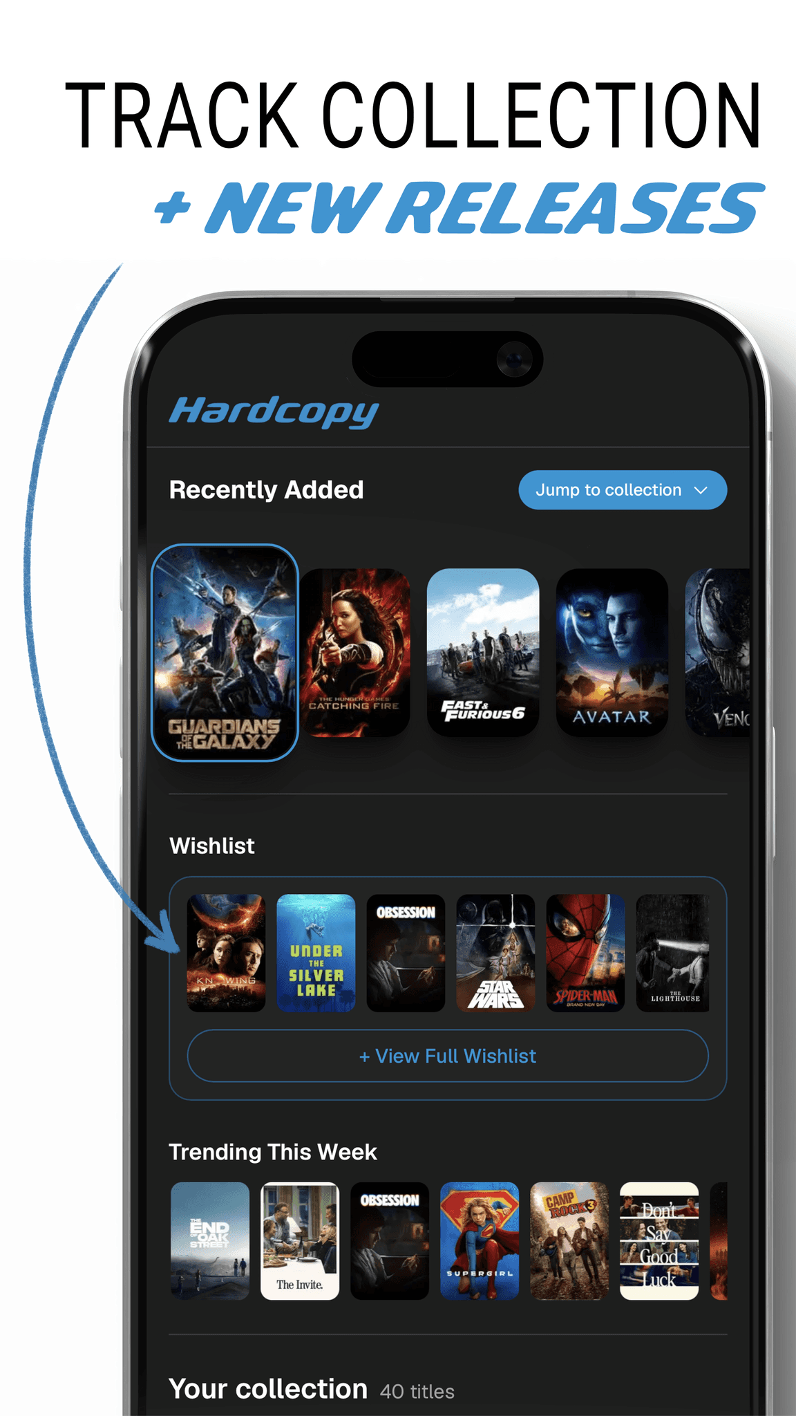 Hardcopy collection, wishlist, and trending screens